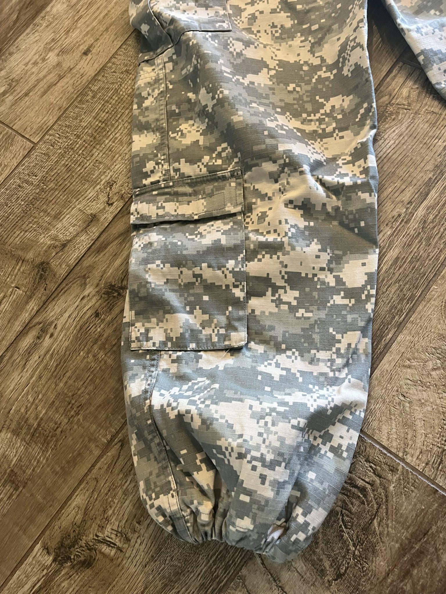 Centex Military Gear Army ACU digital camo cargo pants in small regular size with altered ankles, military uniform style.