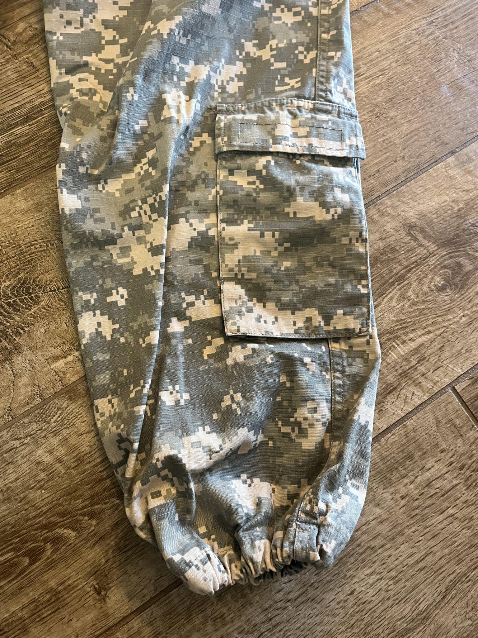 Army ACU digital camo cargo pants by Centex Military Gear, small regular size, with altered ankle design for military uniform use.
