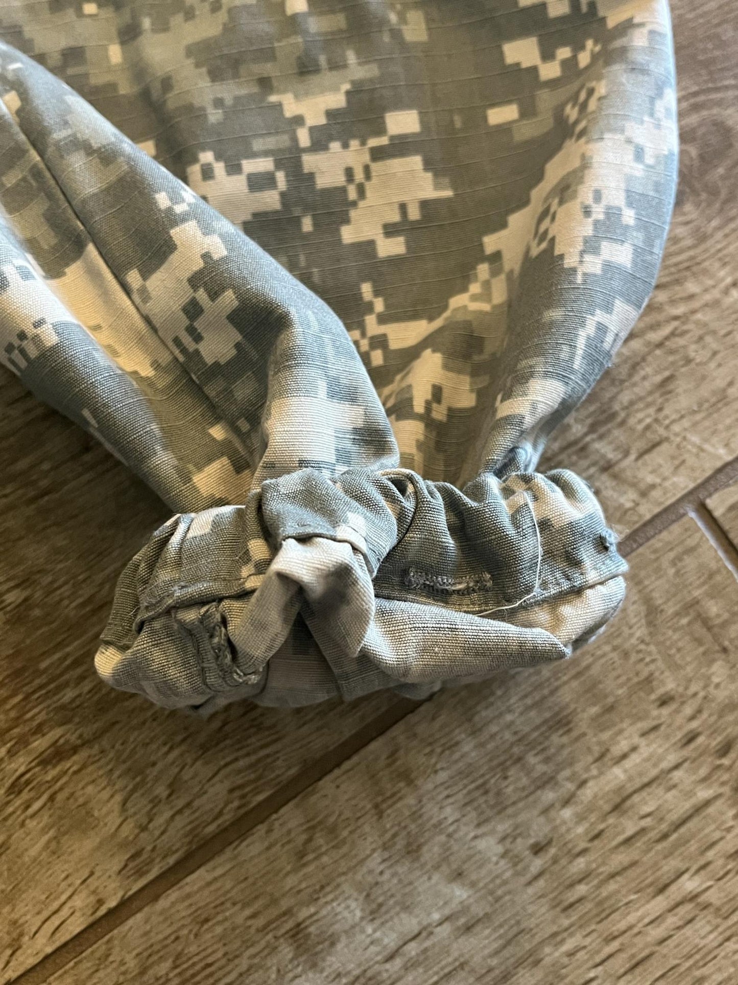 Army ACU digital camo cargo pants by Centex Military Gear, small regular size, military uniform with altered ankles, front view.