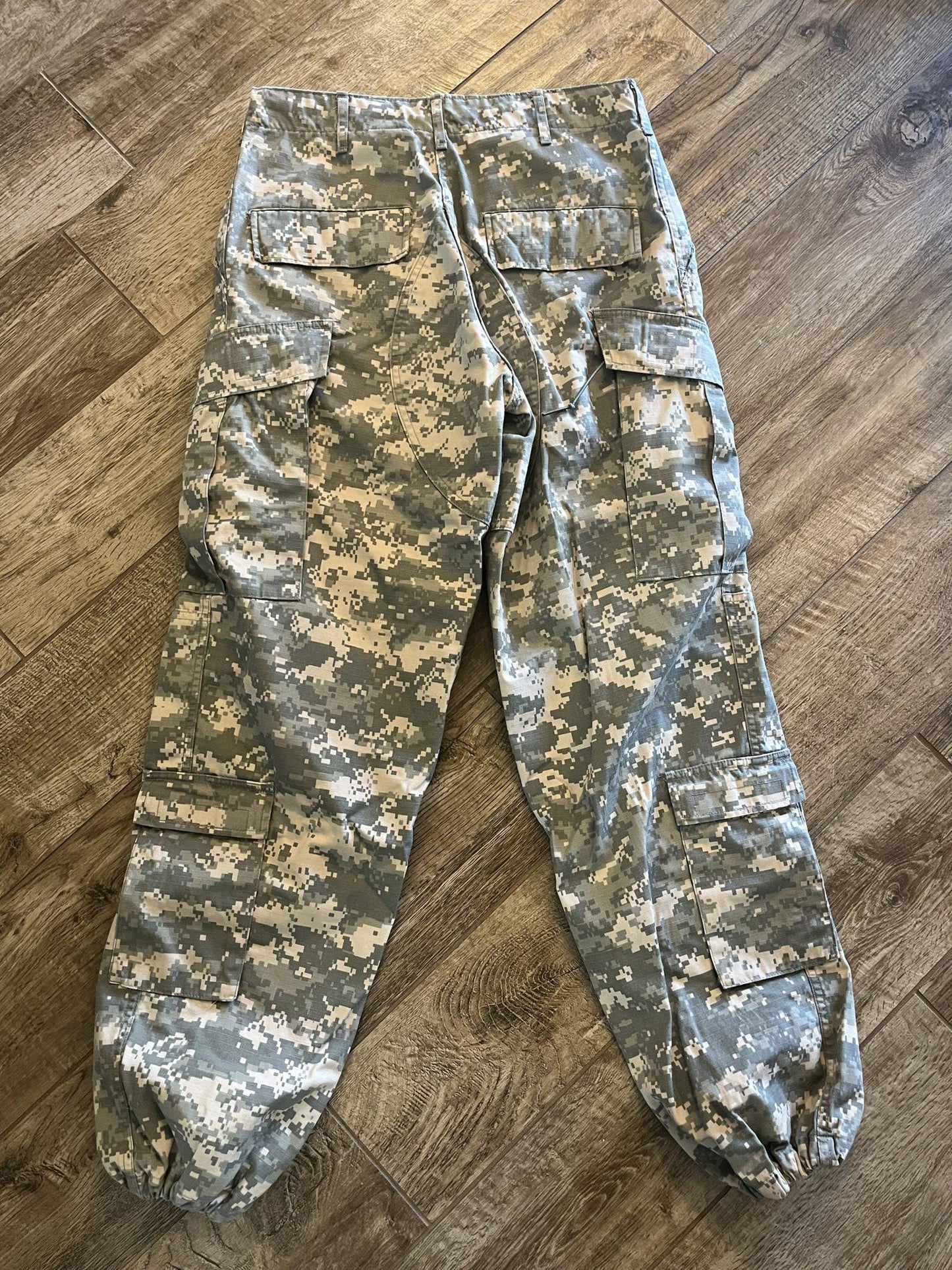 Centex Military Gear Army ACU digital camo cargo pants in small regular size with altered ankles, military uniform for tactical wear.