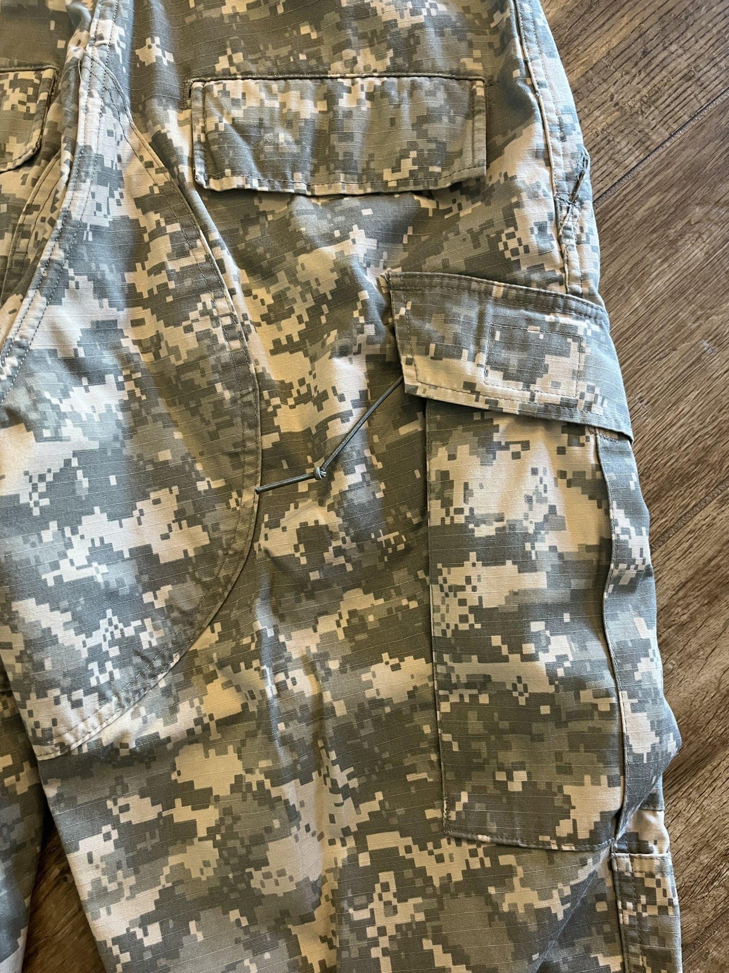 Army ACU digital camo cargo pants by Centex Military Gear, small regular size, with altered ankles and tactical military design.