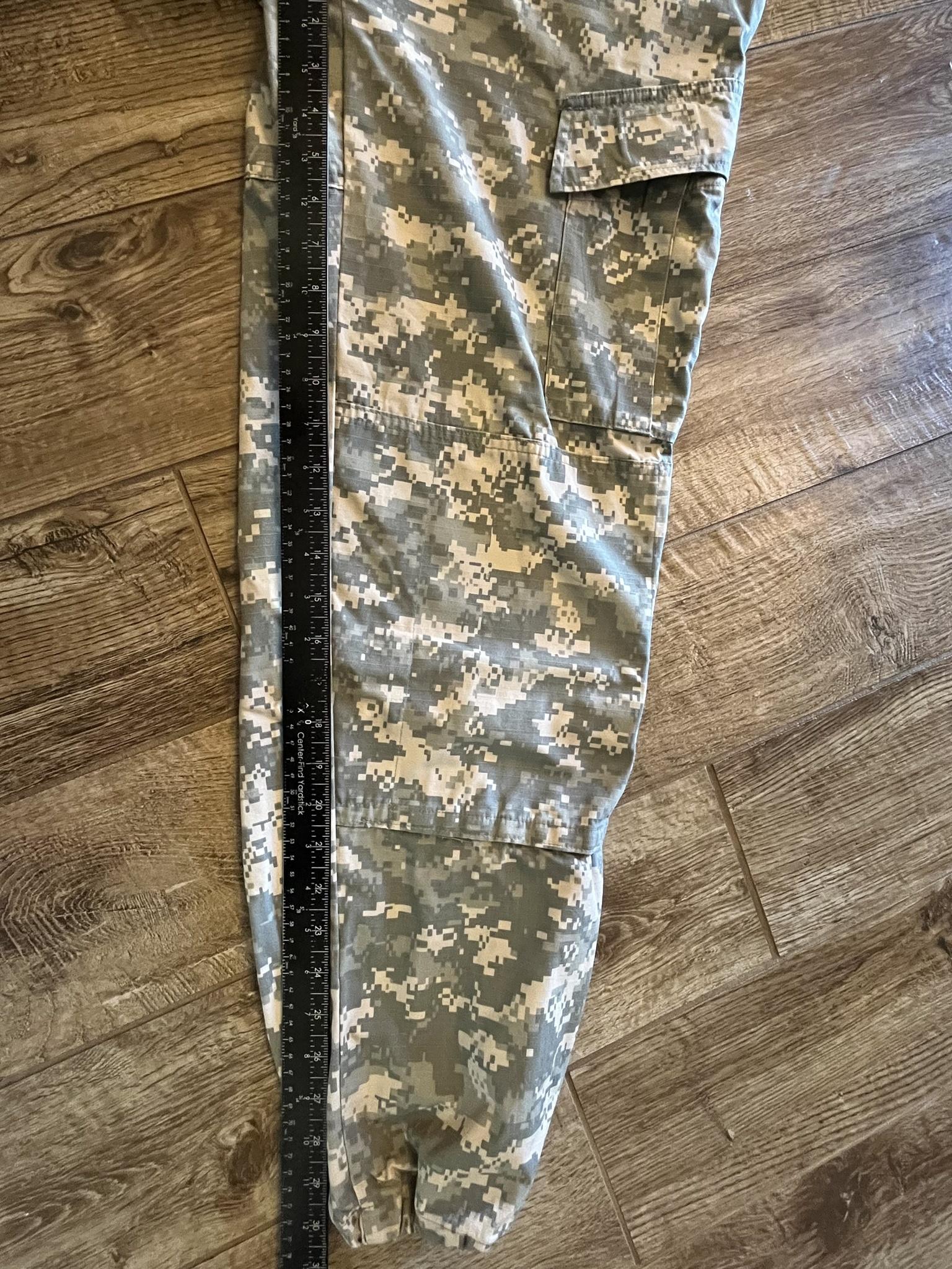 Centex Military Gear Army ACU digital camo cargo pants in small regular size with altered ankles, military uniform, front view.