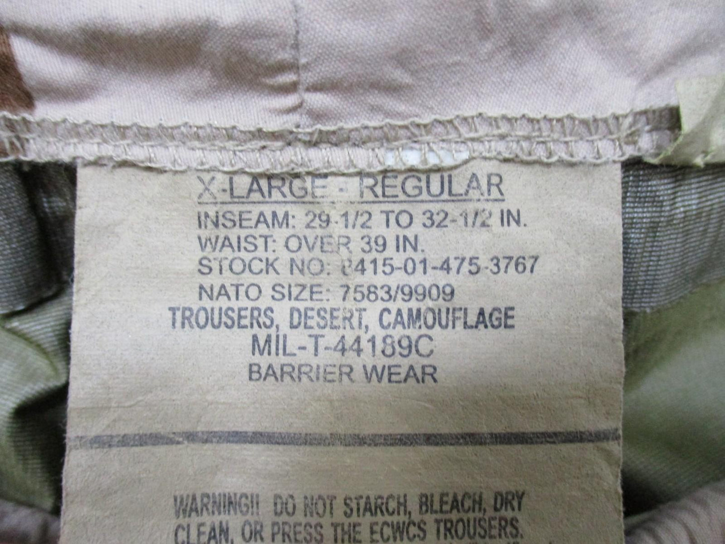 US Military ECWCS MIL-T-44189C Desert Camo Barrier Wear Pants X-Large Regular - Centex Military Gear