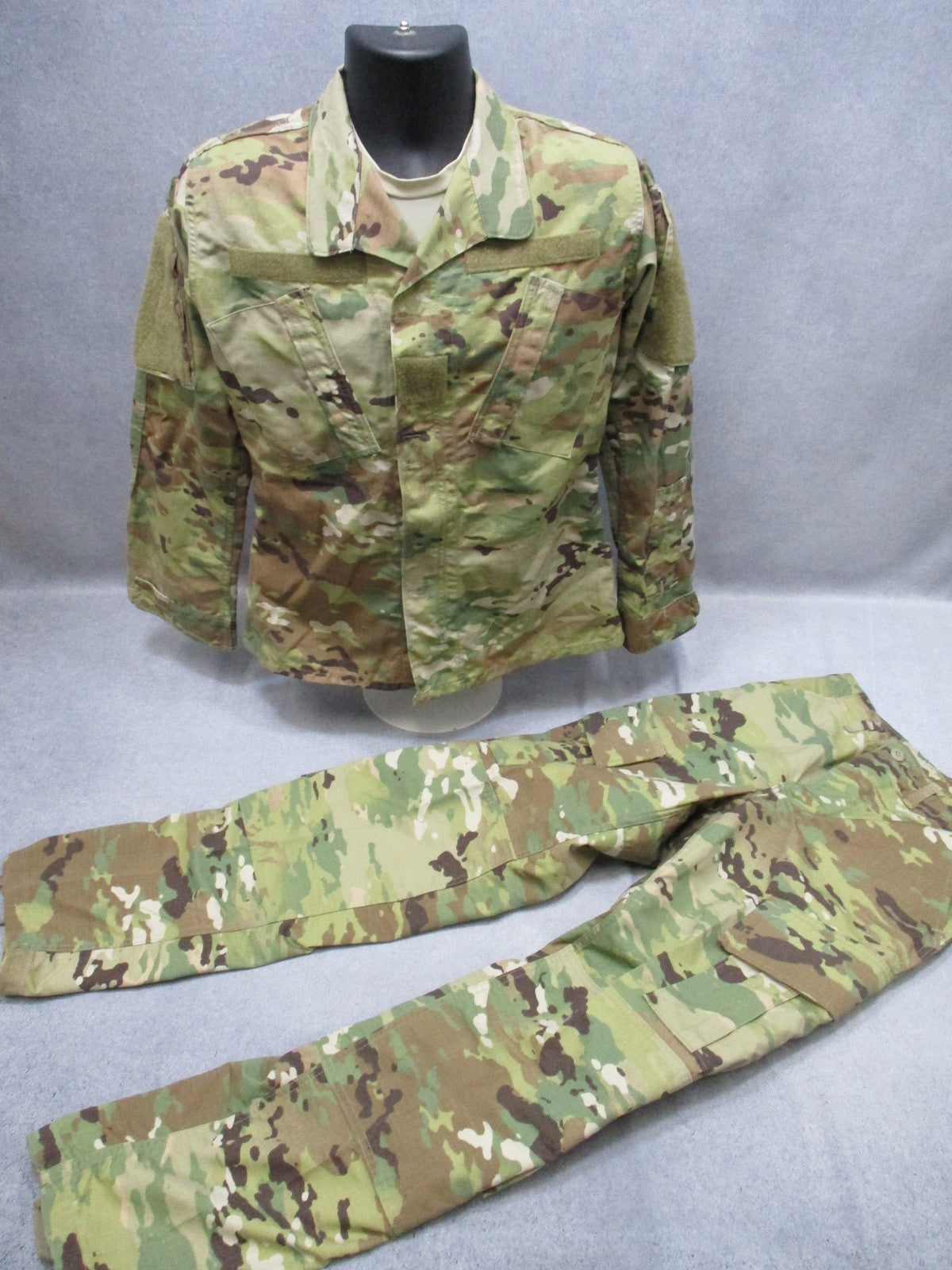MultiCam Scorpion OCP ACU jacket and pants set in XS-Regular by Centex Military Gear, featuring a camouflaged design.