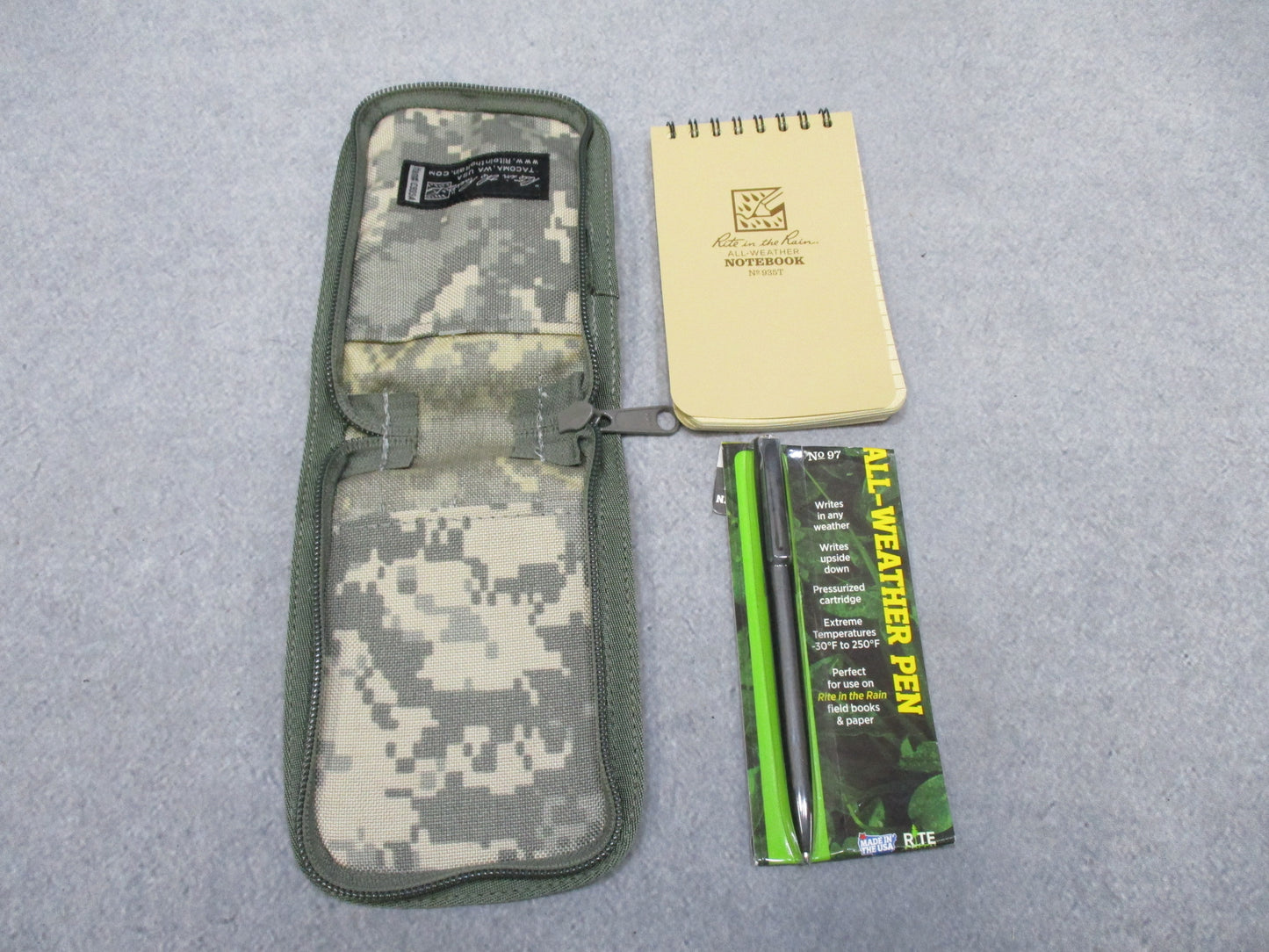 Centex Military Gear Rite in the Rain 935A-KIT spiral notebook with ACU Cordura cover and all-weather pen for durable note-taking.