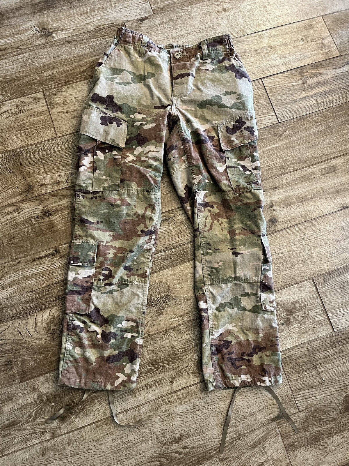 US Army OCP Scorpion combat uniform female FR cargo pants, size 28 regular, made by Centex Military Gear, with multiple cargo pockets.