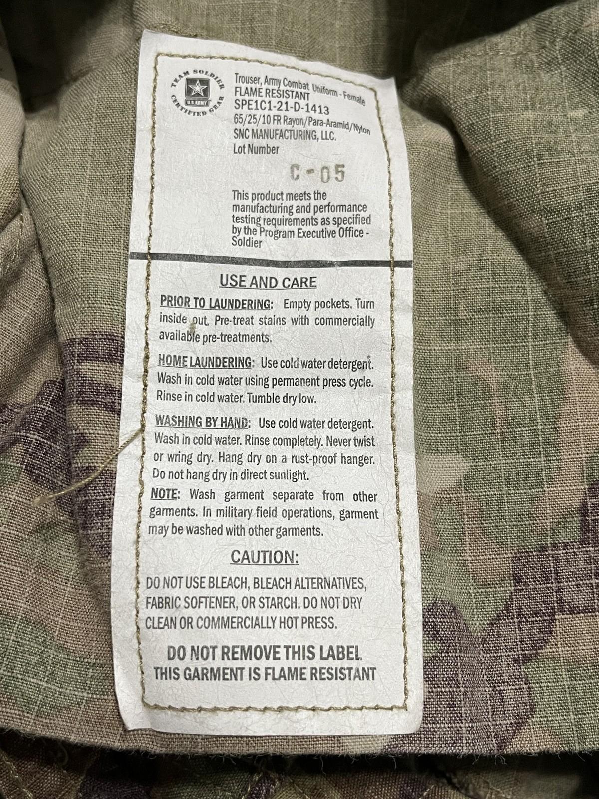 US Army OCP Scorpion combat uniform cargo pants for females, size 28 regular, made by Centex Military Gear.