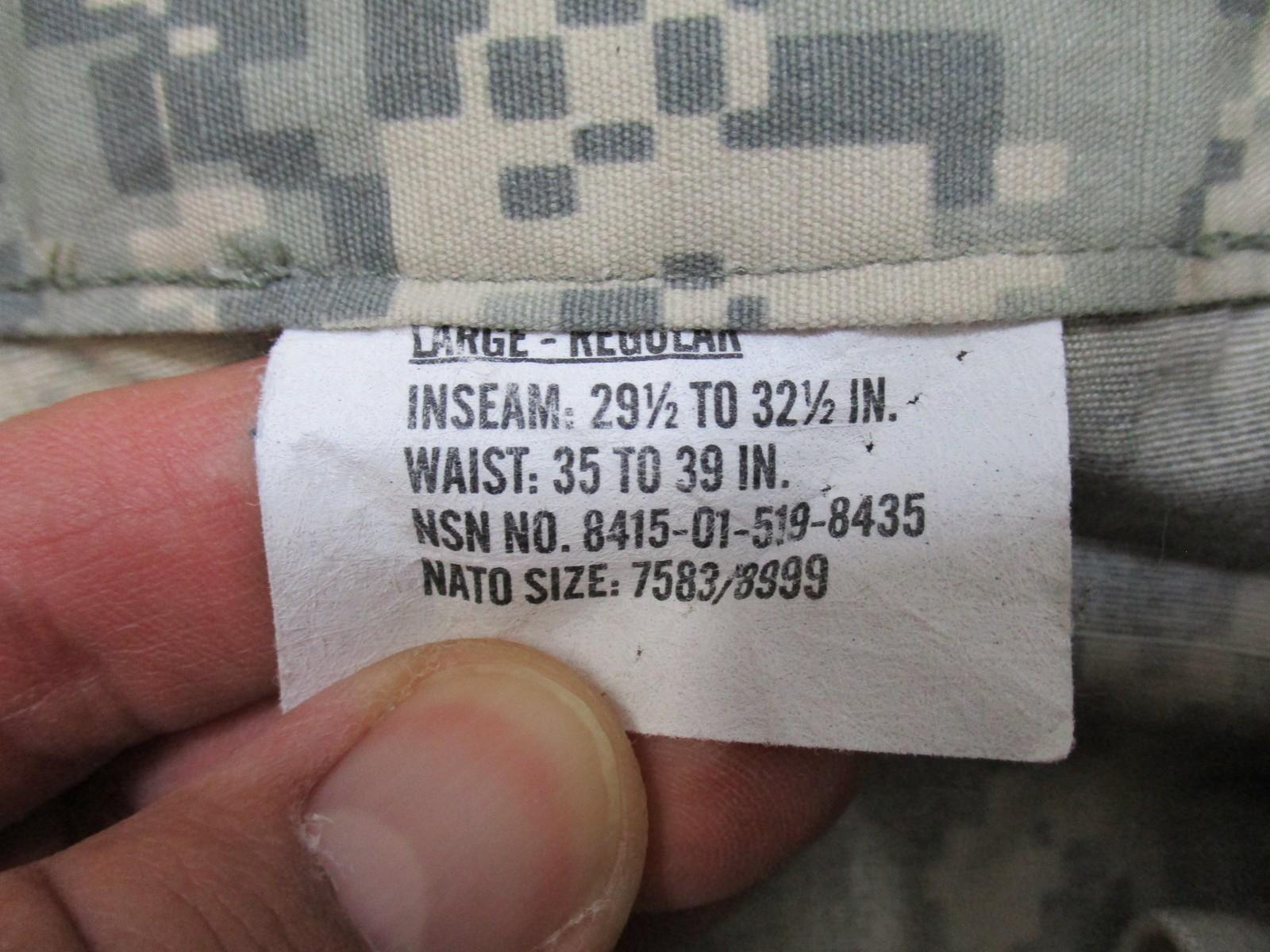 USGI UCP ACU Army combat uniform cargo trousers in digital camouflage, size large regular, by Centex Military Gear.