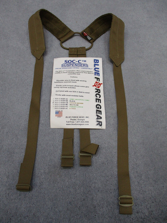 Blue Force Gear SOC-C suspenders and coyote brown battle belt harness with MOLLE webbing for military tactical gear.