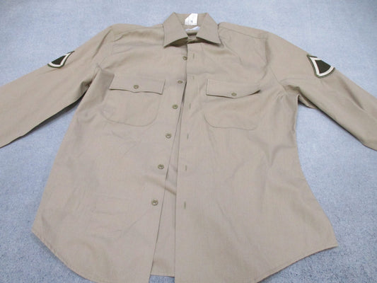 US Army AGSU long sleeve shirt in heritage tan with size 16.5 and 36/37R, displayed by Centex Military Gear.