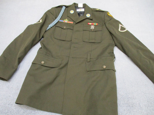 US Army AGSU service dress coat in heritage green with ribbons, featuring military-style design and detailed insignia.