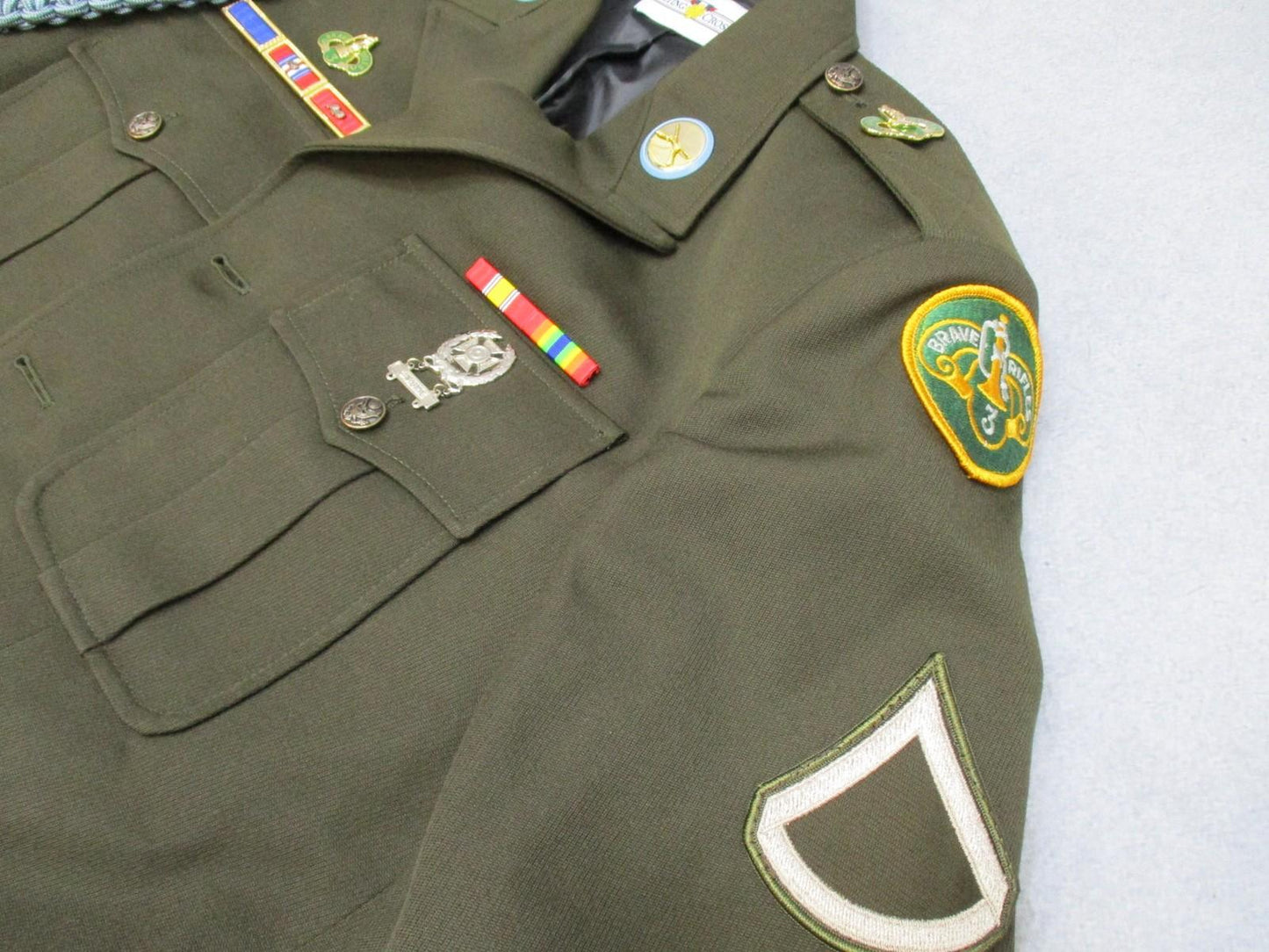 US Army AGSU service dress coat jacket in heritage green with ribbons, military uniform by Centex Military Gear.