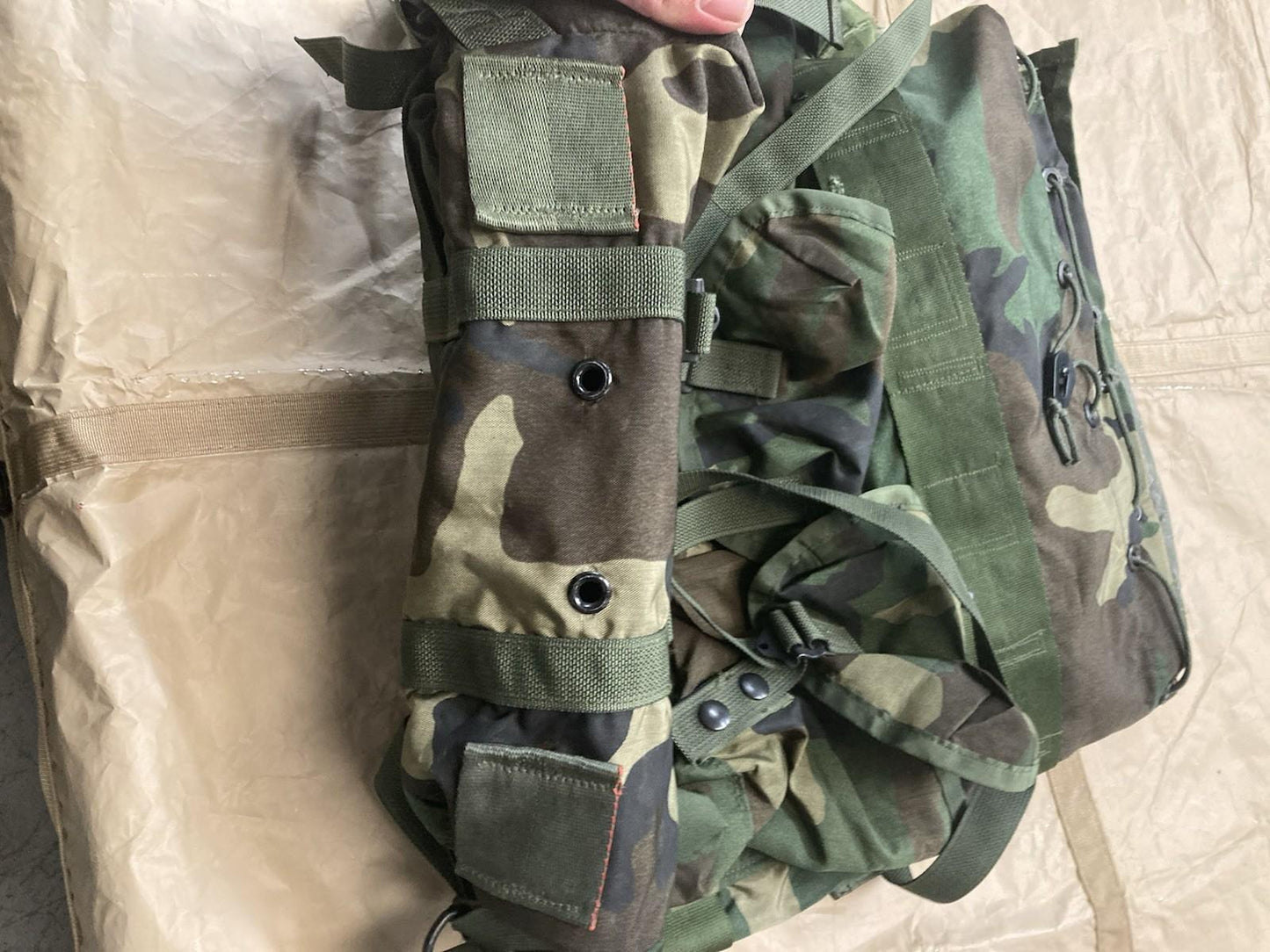 Centex Military Gear Alice Pack M81 Woodland tactical assault bag with radio pack and writing patches, designed for outdoor and military use.
