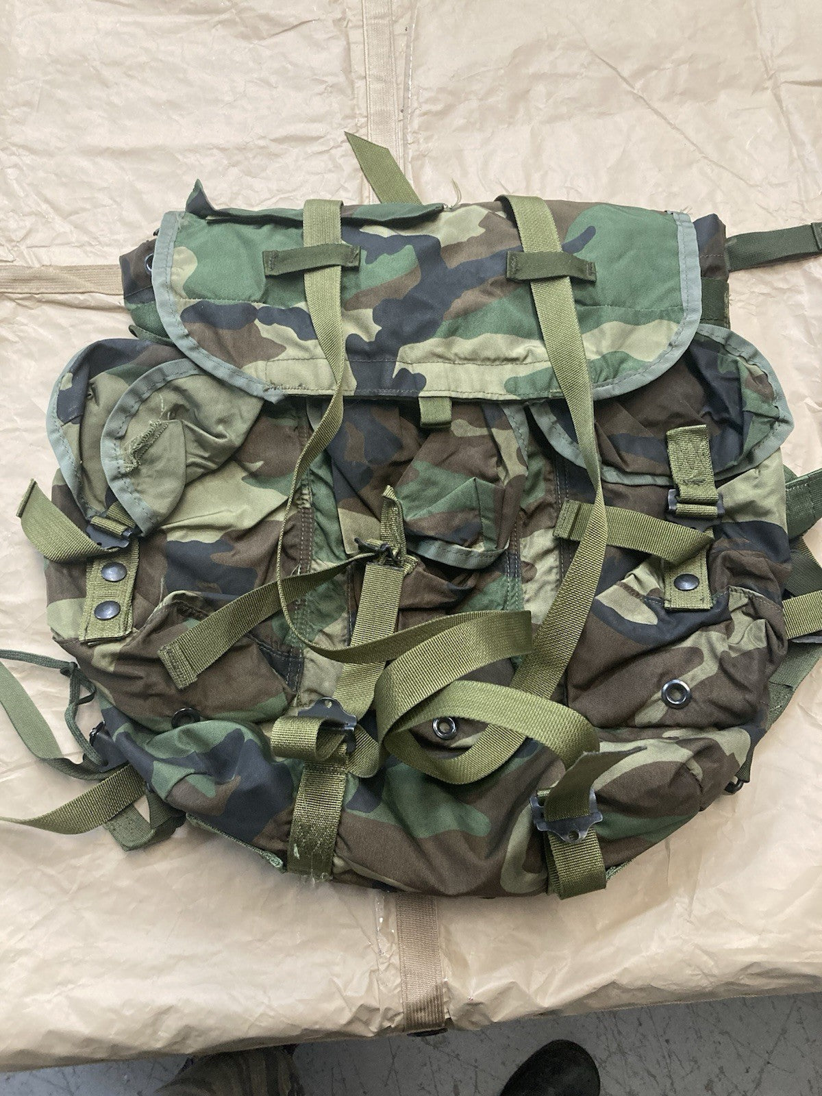 Woodland camo tactical backpack with radio carrying case, Alice pack style, from Centex Military Gear featuring M81 camouflage design.