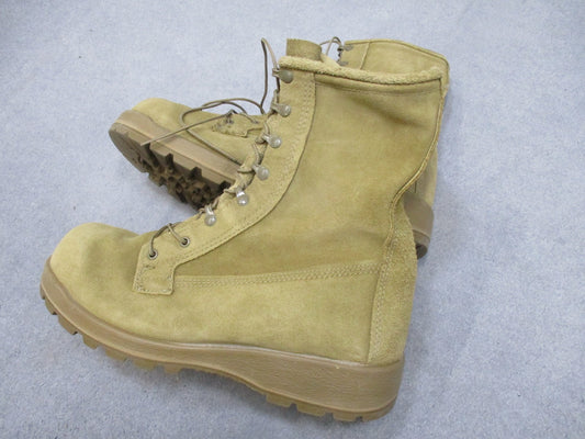 Desert tan Altama USGI military combat boots in size 11.5 W with suede upper and Vibram sole, designed for rugged outdoor use