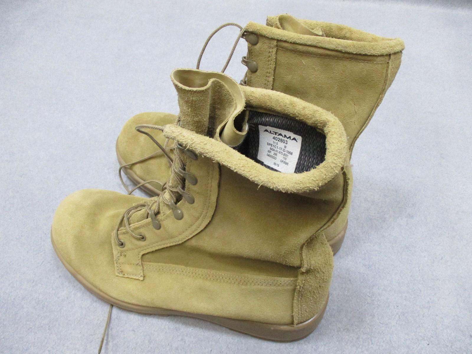 Desert tan Altama USGI military combat boots with suede upper, size 11.5 W, Vibram sole, by Centex Military Gear.