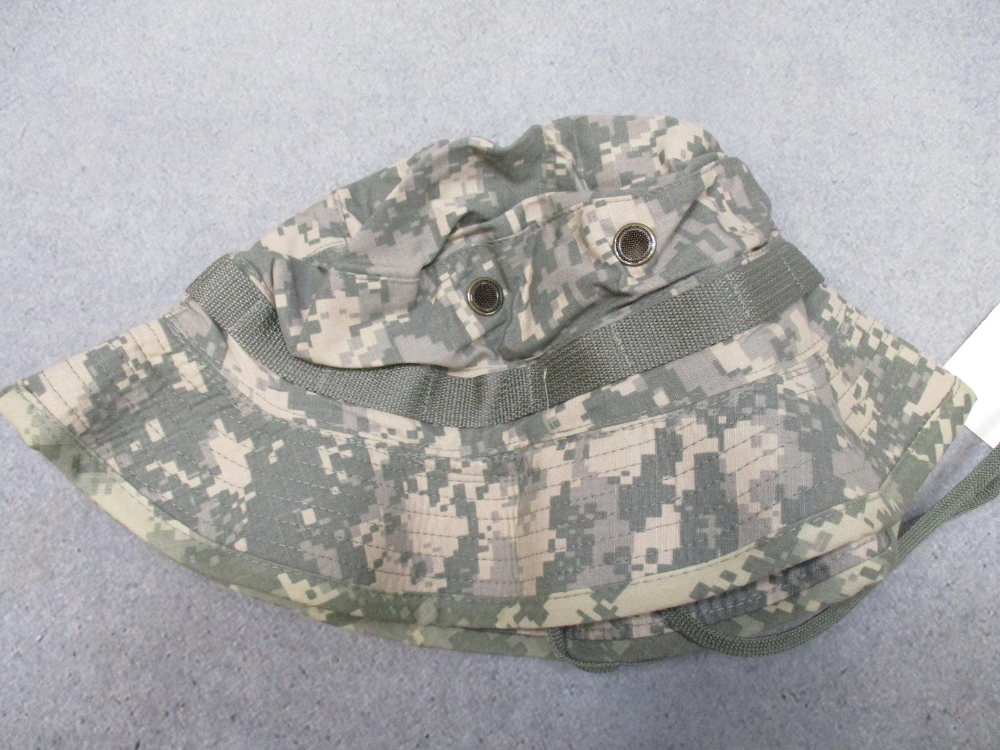 UCP Bernard Cap Co. army combat boonie hat in digital camo with size 7 7/8, featuring wide brim and tactical military design.