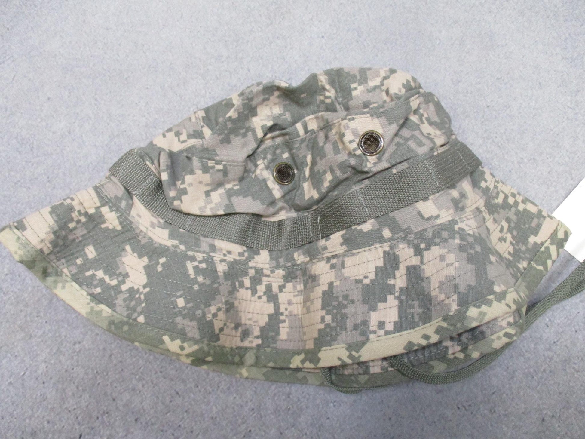 UCP Bernard Cap Co. army combat boonie hat in digital camo with size 7 7/8, featuring wide brim and tactical military design.