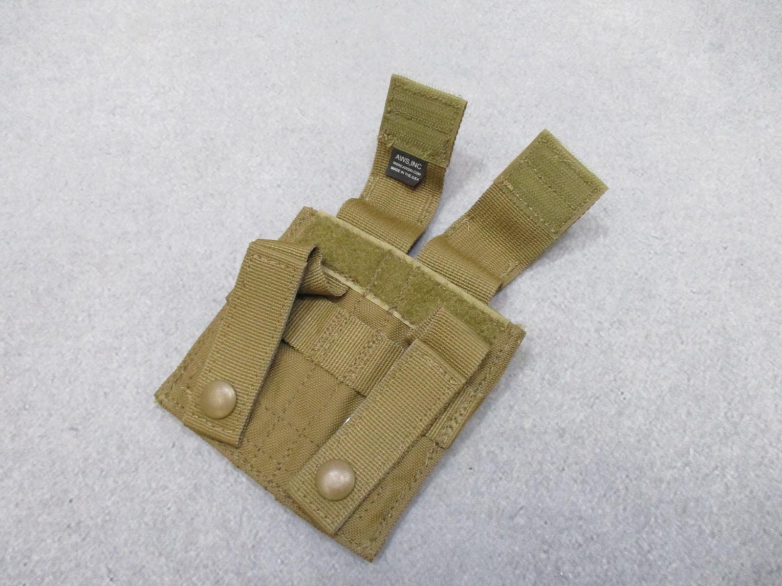 Used AWS Inc. double pistol magazine pouch by Centex Military Gear with MOLLE attachment in coyote color, made in USA.