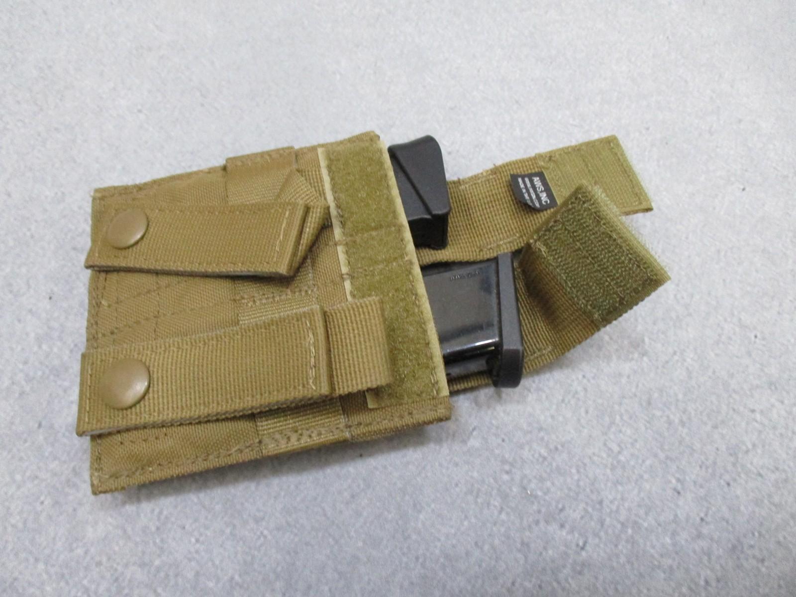 Used AWS Inc. Double pistol magazine pouch by Centex Military Gear, MOLLE compatible, coyote color, made in the USA.
