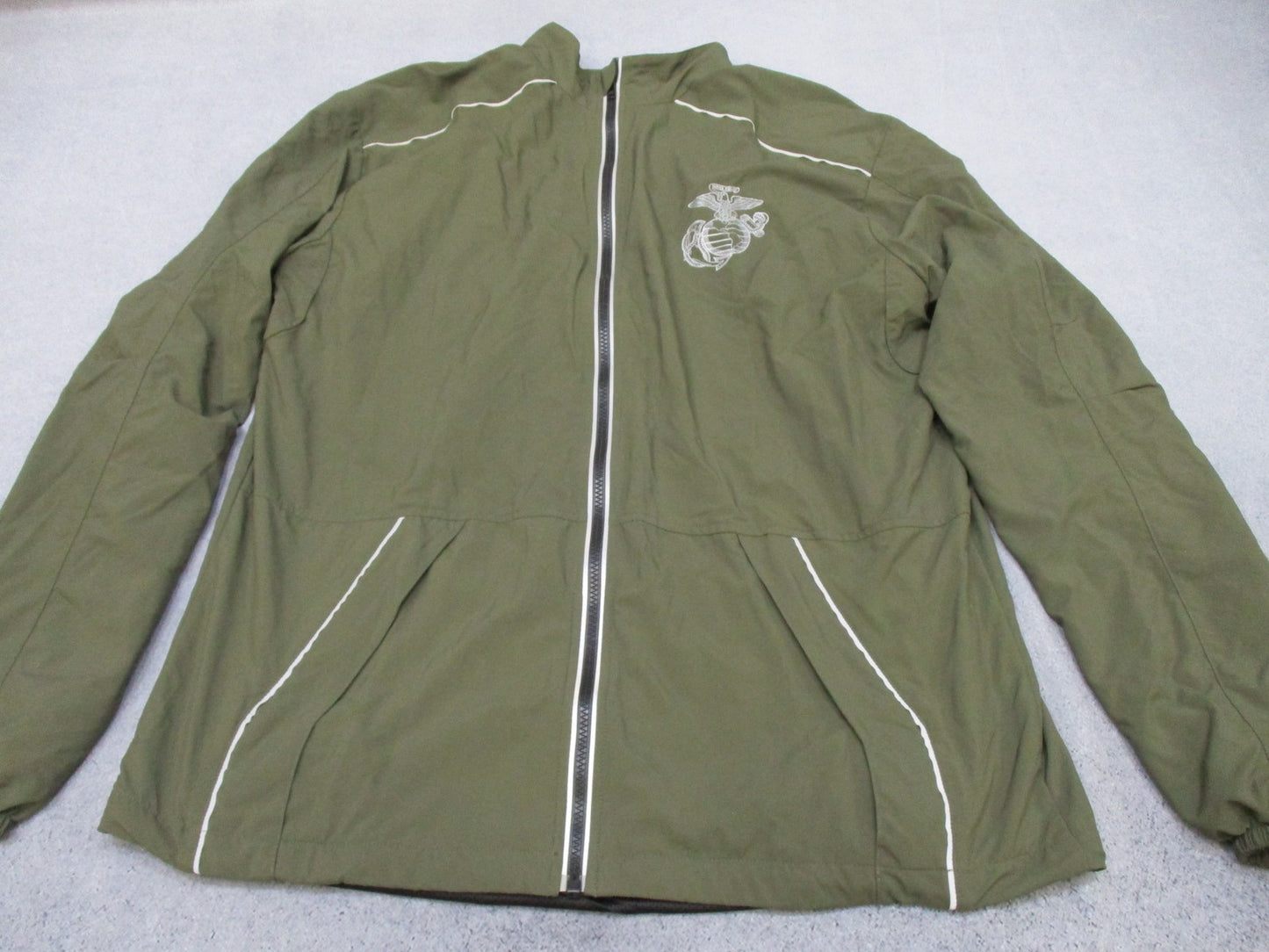 Men's olive green New Balance US Marines running jacket, large extra-long size, full zip, lightweight athletic outerwear by Centex Military Gear