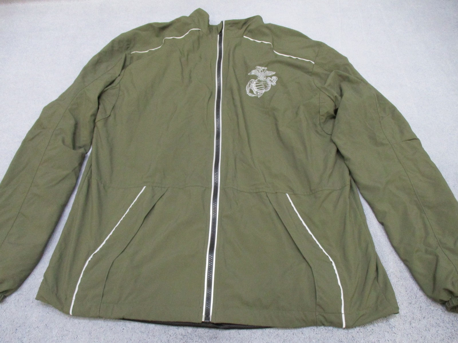 Men's olive green New Balance US Marines running jacket, large extra-long size, full zip, lightweight athletic outerwear by Centex Military Gear