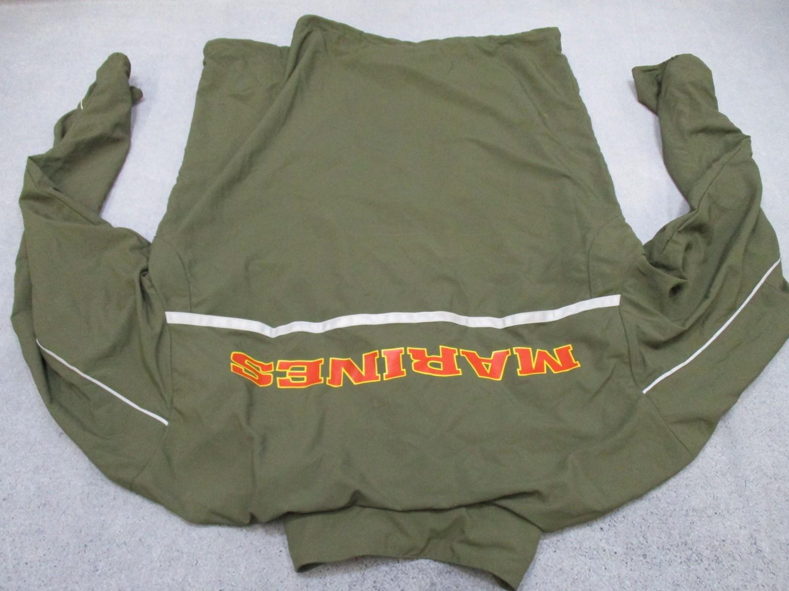 Men's olive green New Balance US Marines running jacket, full zip, size large XLong, by Centex Military Gear, lightweight athletic outerwear.