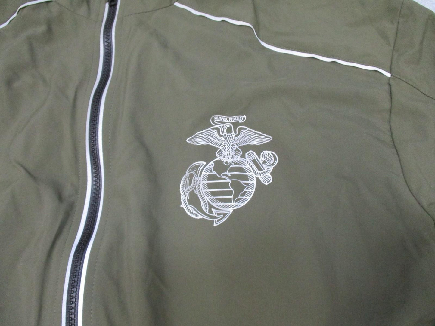 Men's olive green New Balance US Marines running jacket, large extra long, full zip, with Centex Military Gear branding.