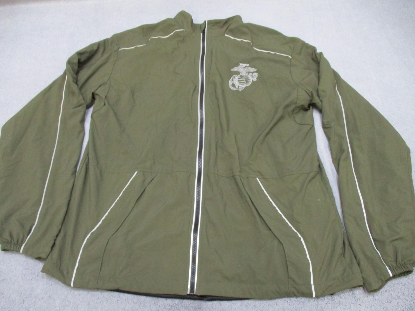 Men's olive green New Balance US Marines running jacket in size large XLong, full zip, designed for active outdoor wear.
