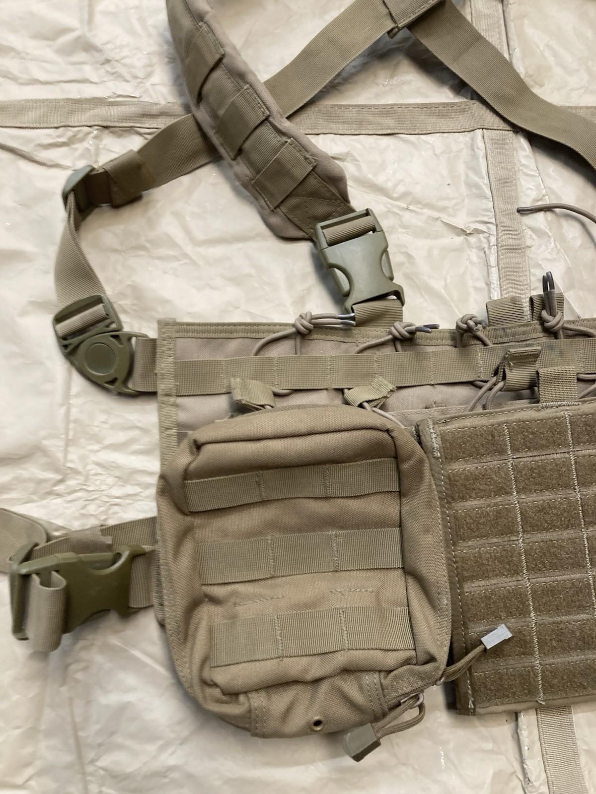Centex Military Gear Condor Tactical Chest Rig in coyote brown with MOLLE gear set, missing pull tab, outdoor combat gear.