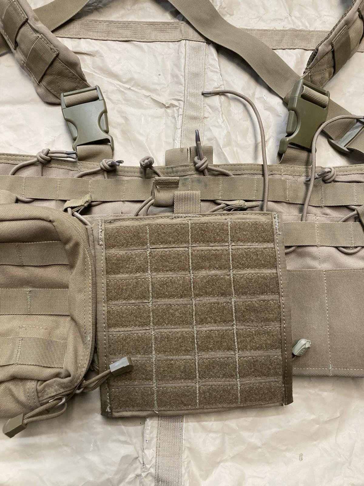 Centex Military Gear Condor tactical chest rig in coyote brown with MOLLE gear, missing pull tab, military-style load-bearing equipment