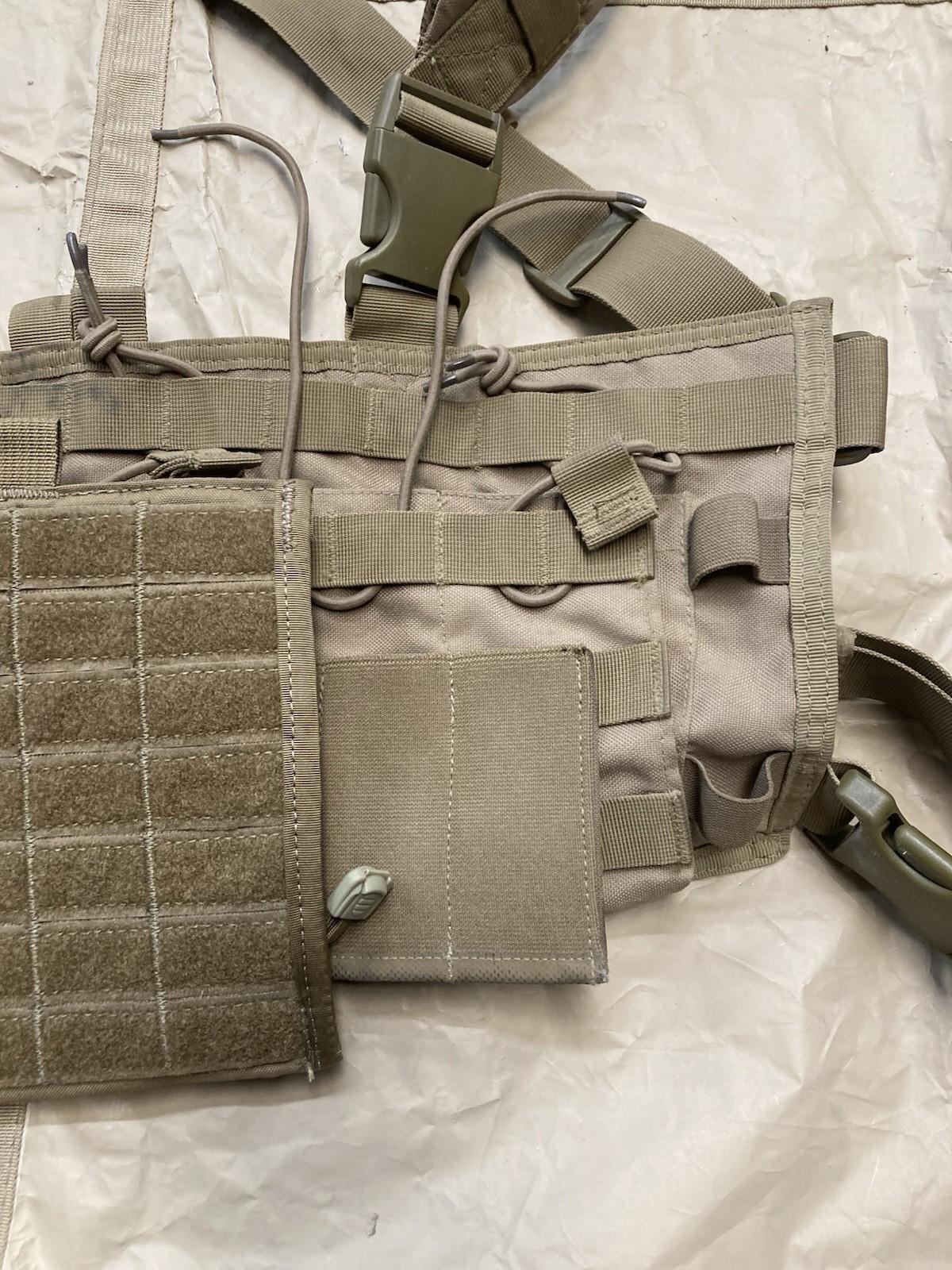 Centex Military Gear Condor chest rig in coyote brown with MOLLE gear, missing pull tab, tactical military-style load-bearing vest.