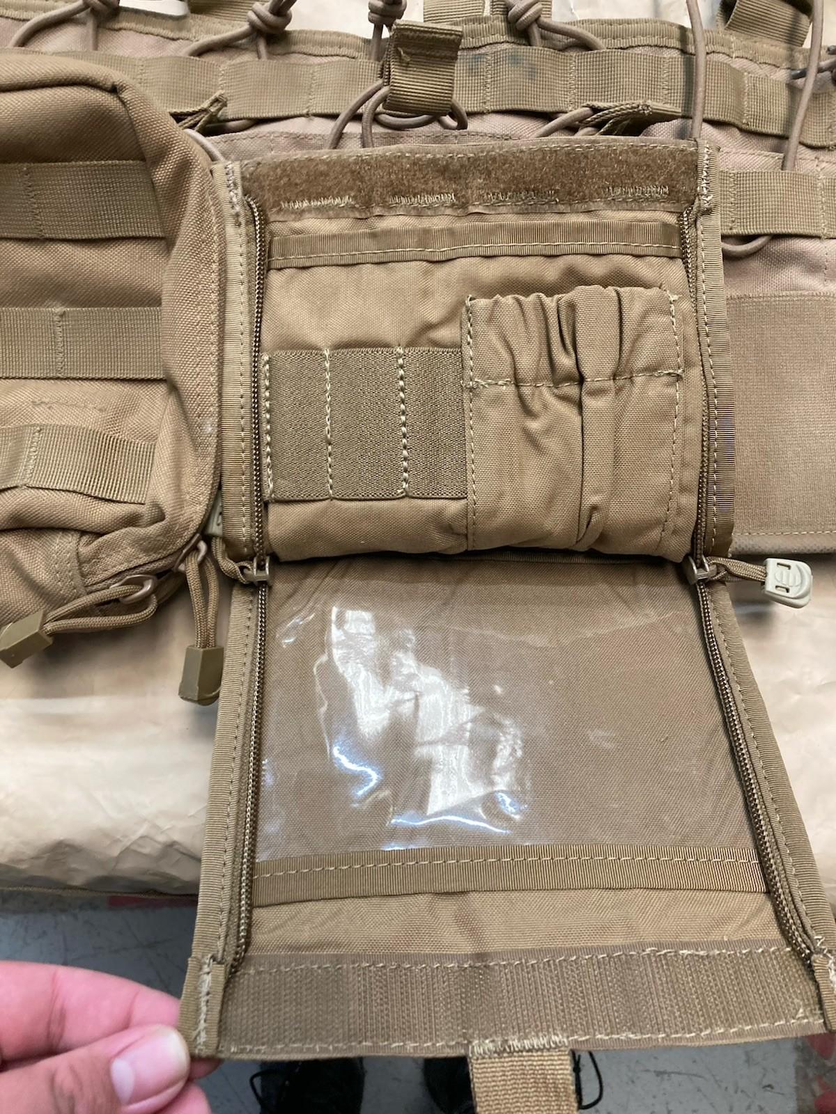 Centex Military Gear Condor coyote brown tactical chest rig with MOLLE gear set, missing pull tab, outdoor military-style gear.