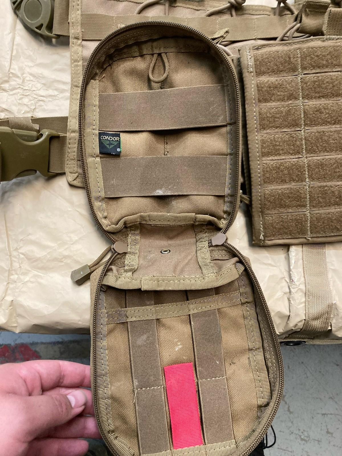 Centex Military Gear Condor chest rig in coyote brown with MOLLE gear setup, missing pull tab, tactical military style.