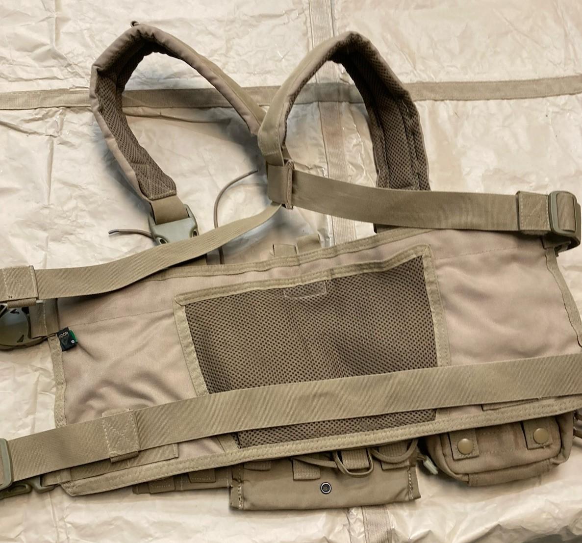 Centex Military Gear Condor Chest Rig in coyote brown with MOLLE gear, missing pull tab, tactical chest rig for outdoor and tactical use