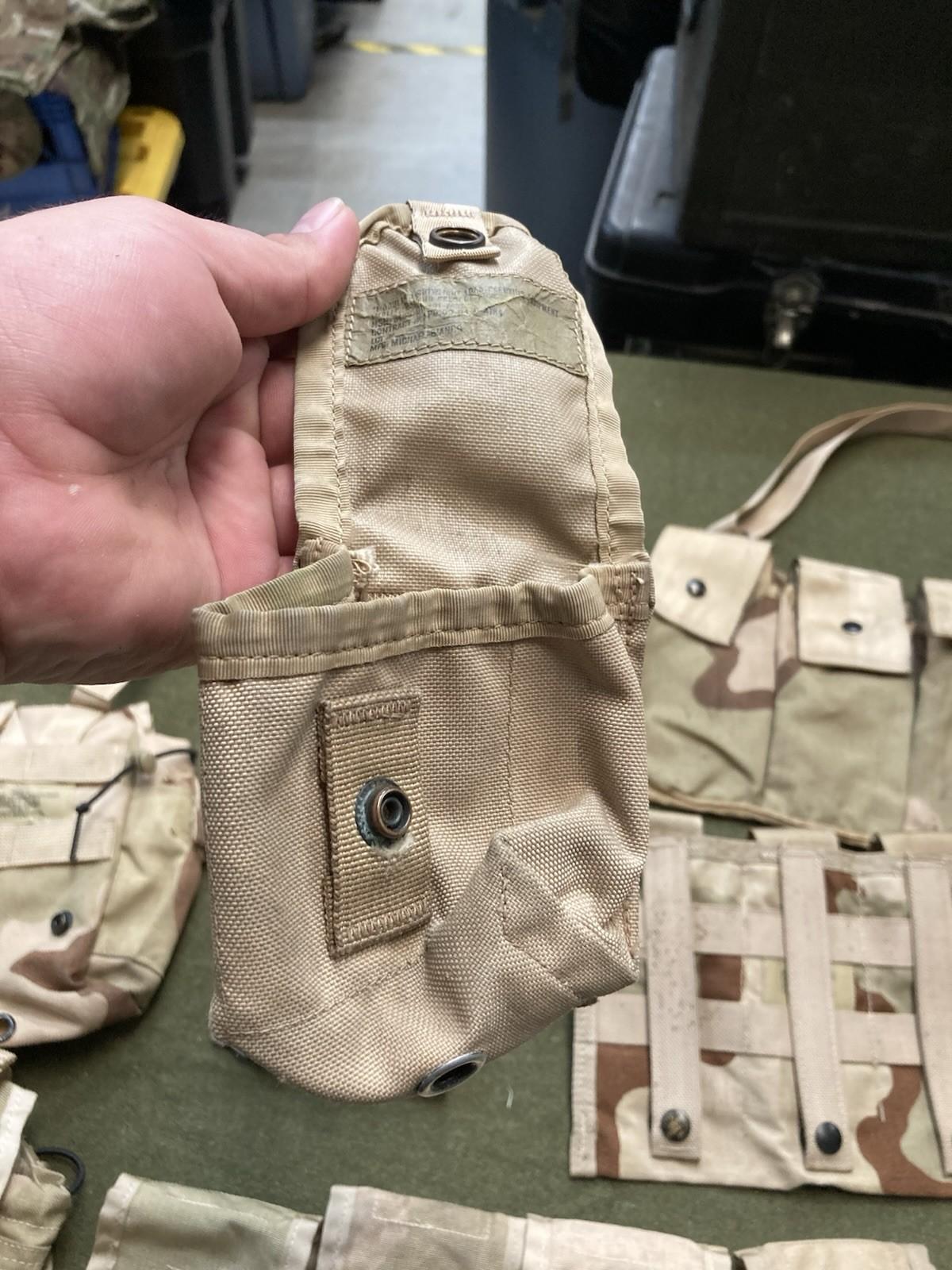 Desert camo army issue pouch lot from Centex Military Gear showing multiple tactical pouches for military gear storage.