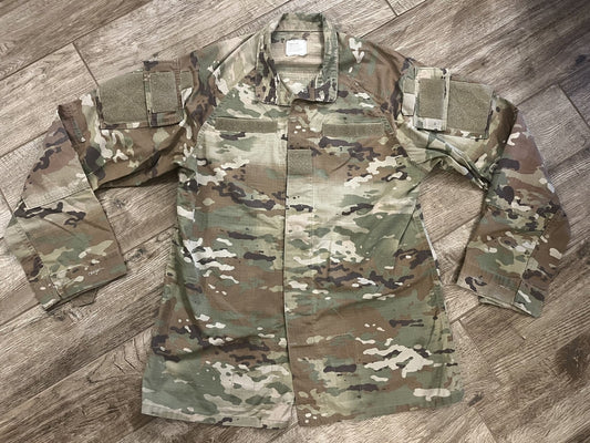 Used US Military Hot Weather Combat Uniform Shirt in OCP Scorpion IHWCU pattern, medium-long size, by Centex Military Gear.