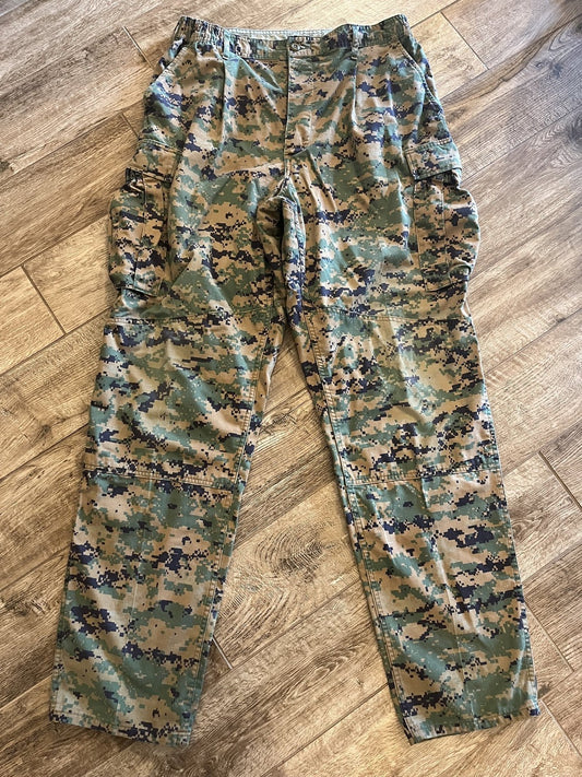 US Military MARPAT digital camo combat cargo pants in large X-long, made by Centex Military Gear, with multiple pockets and rugged fabric.