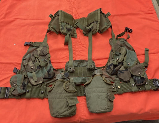 USGI LBV 88 Woodland camouflage tactical vest set by Centex Military Gear, USMC surplus with multiple pouches and adjustable straps.
