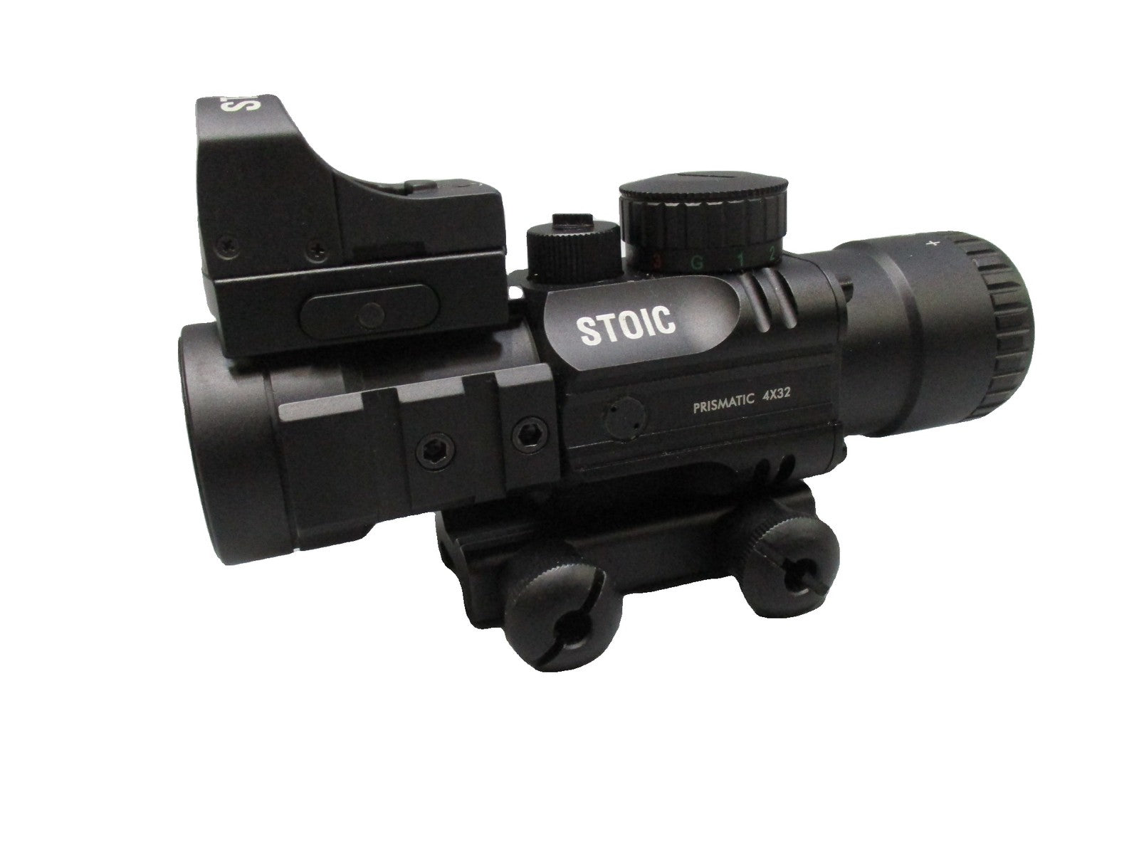 Centex Military Gear STOIC 4x32 prismatic scope with mini reflex sight, red/blue and red/green reticles, mounted on firearm.