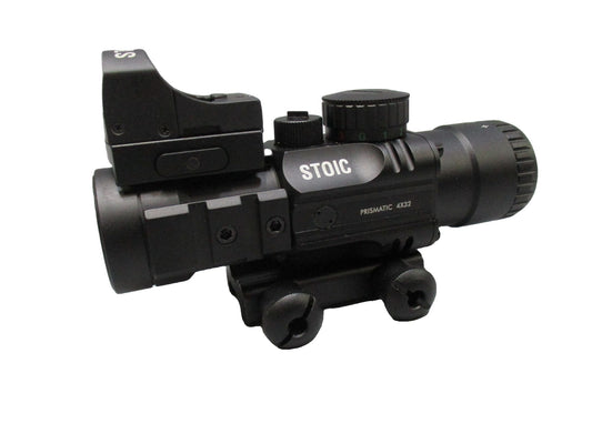 Centex Military Gear STOIC 4x32 prismatic scope with mini reflex sight, red/blue and red/green reticles, mounted on firearm.