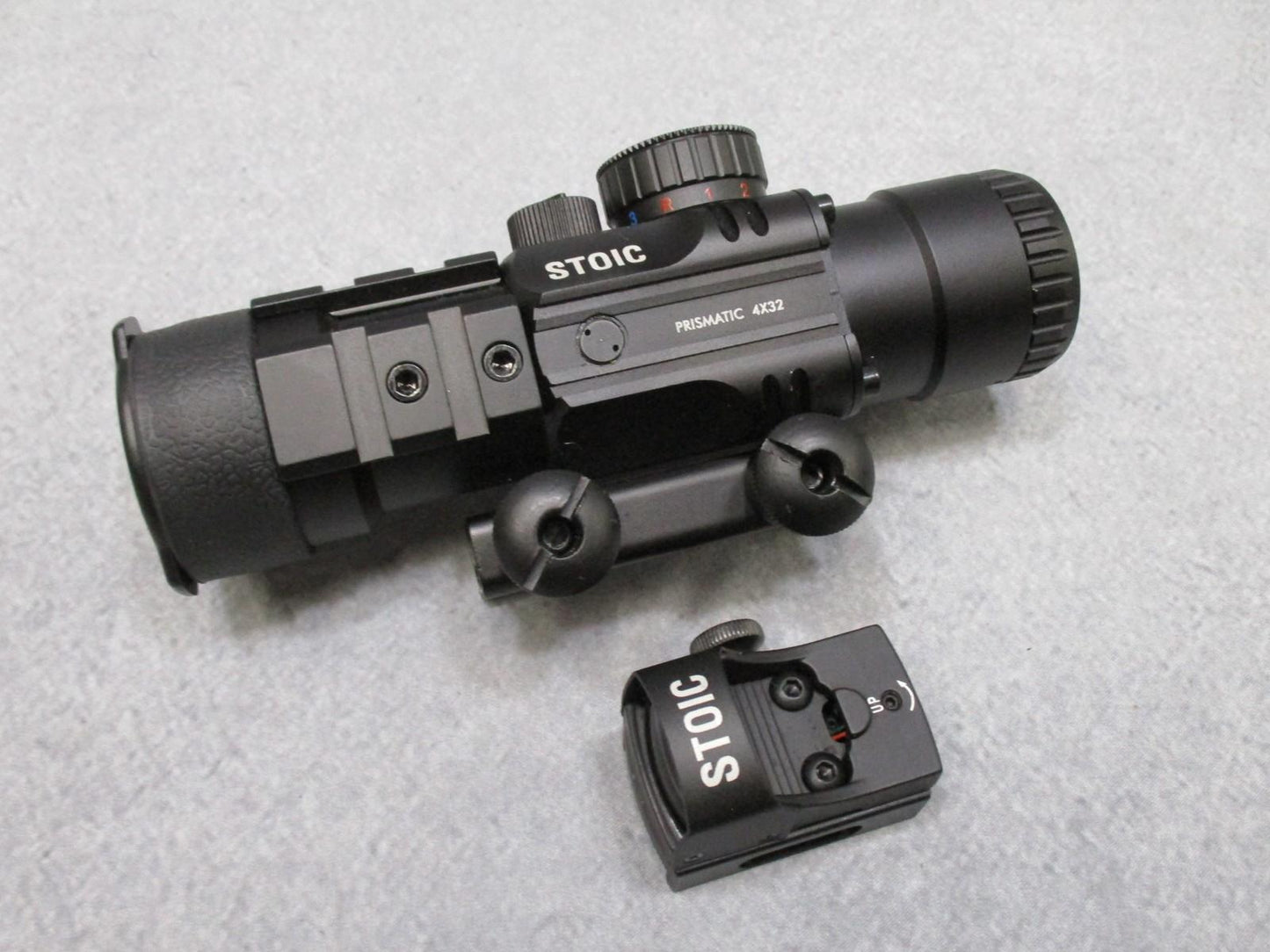 Centex Military Gear STOIC 4x32 prismatic scope with mini reflex sight, red/blue and red/green reticles mounted on a firearm.