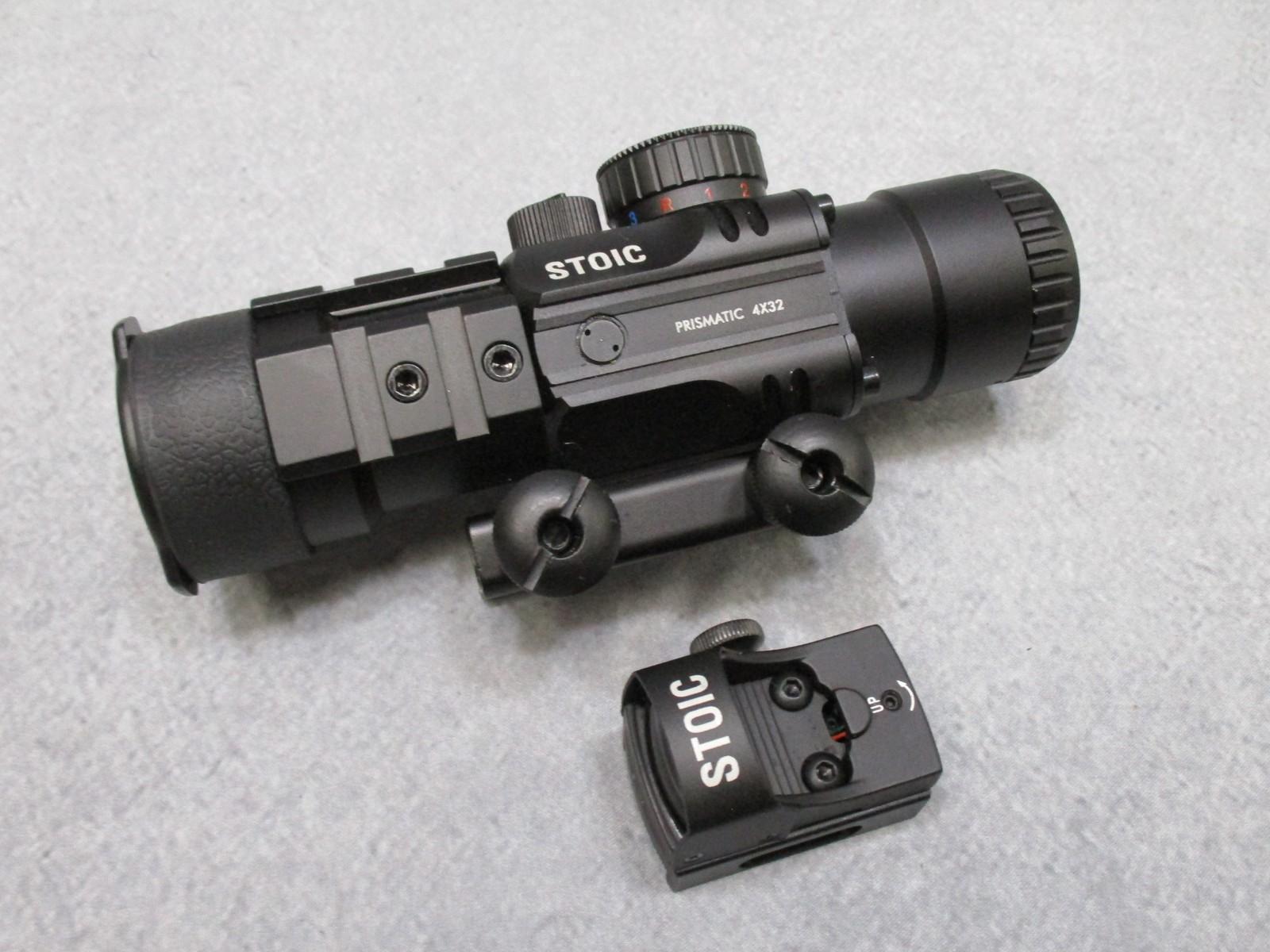 Centex Military Gear STOIC 4x32 prismatic scope with mini reflex sight, red/blue and red/green reticles mounted on a firearm.
