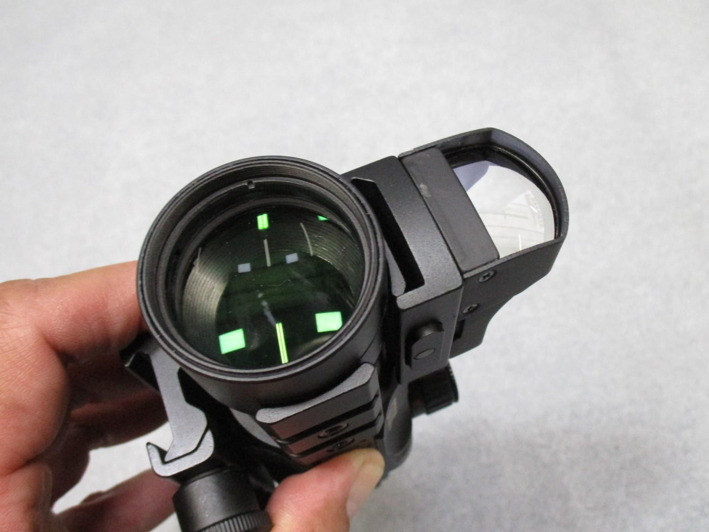 Centex Military Gear STOIC 4x32 prismatic scope with mini reflex sight, red/blue and red/green reticles, mounted on firearm.