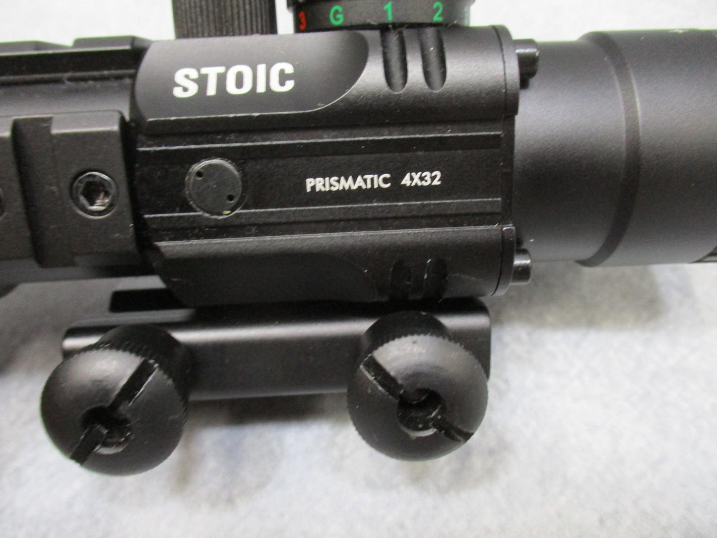 Centex Military Gear STOIC 4x32 prismatic scope with mini reflex sight, featuring red/blue and red/green reticles on a firearm.