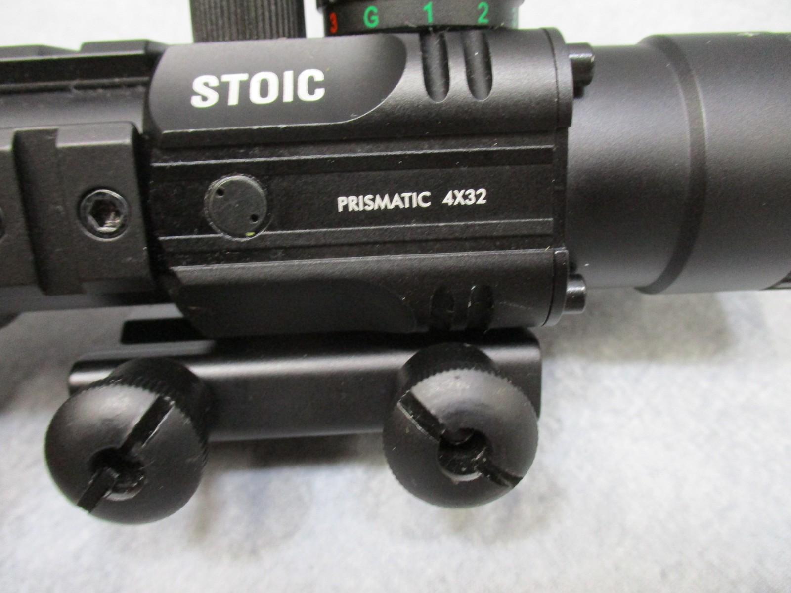 Centex Military Gear STOIC 4x32 prismatic scope with mini reflex sight, featuring red/blue and red/green reticles on a firearm.