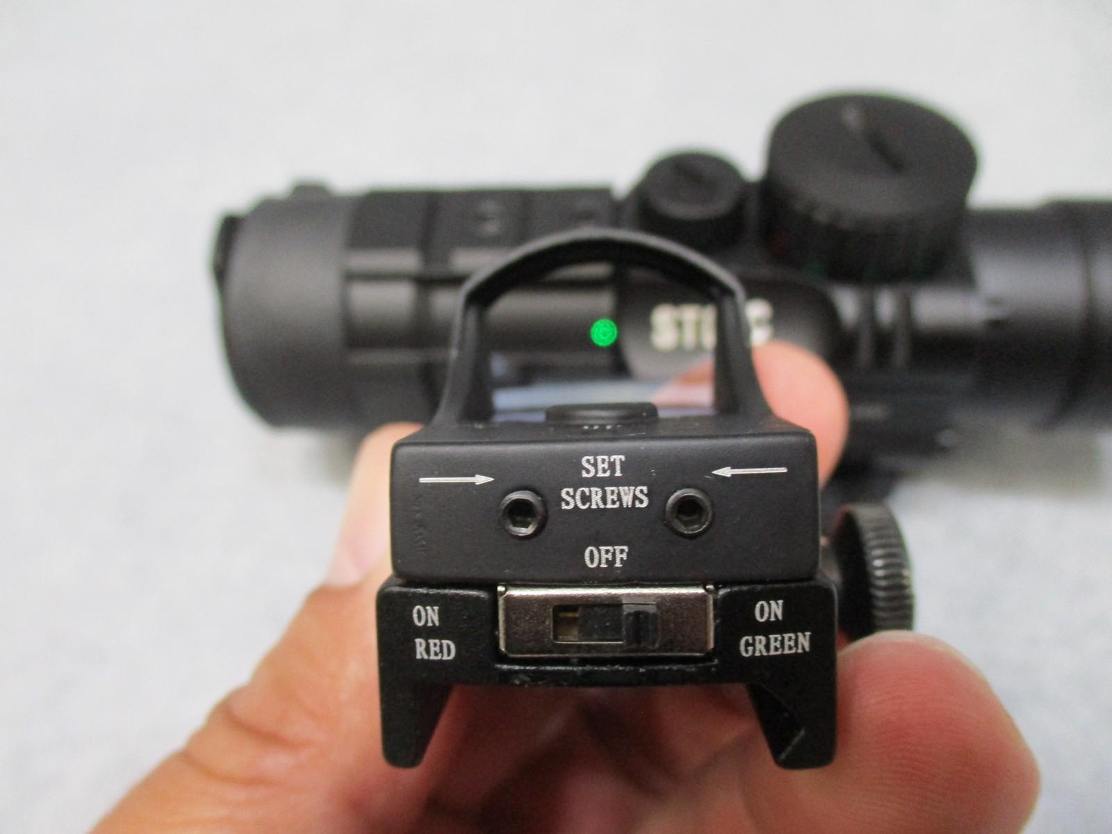 Centex Military Gear STOIC 4x32 prismatic scope with mini reflex sight featuring red/blue and red/green reticles on a firearm.