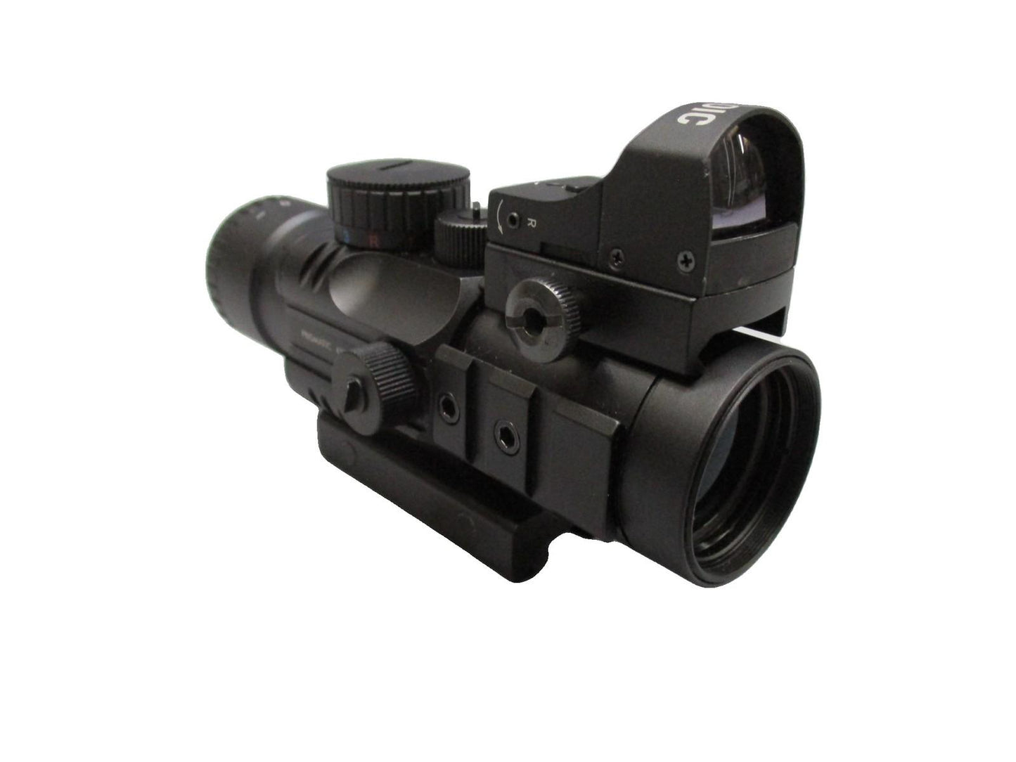 Centex Military Gear STOIC 4x32 prismatic scope with mini reflex sight, red/blue and red/green reticles, mounted on firearm.