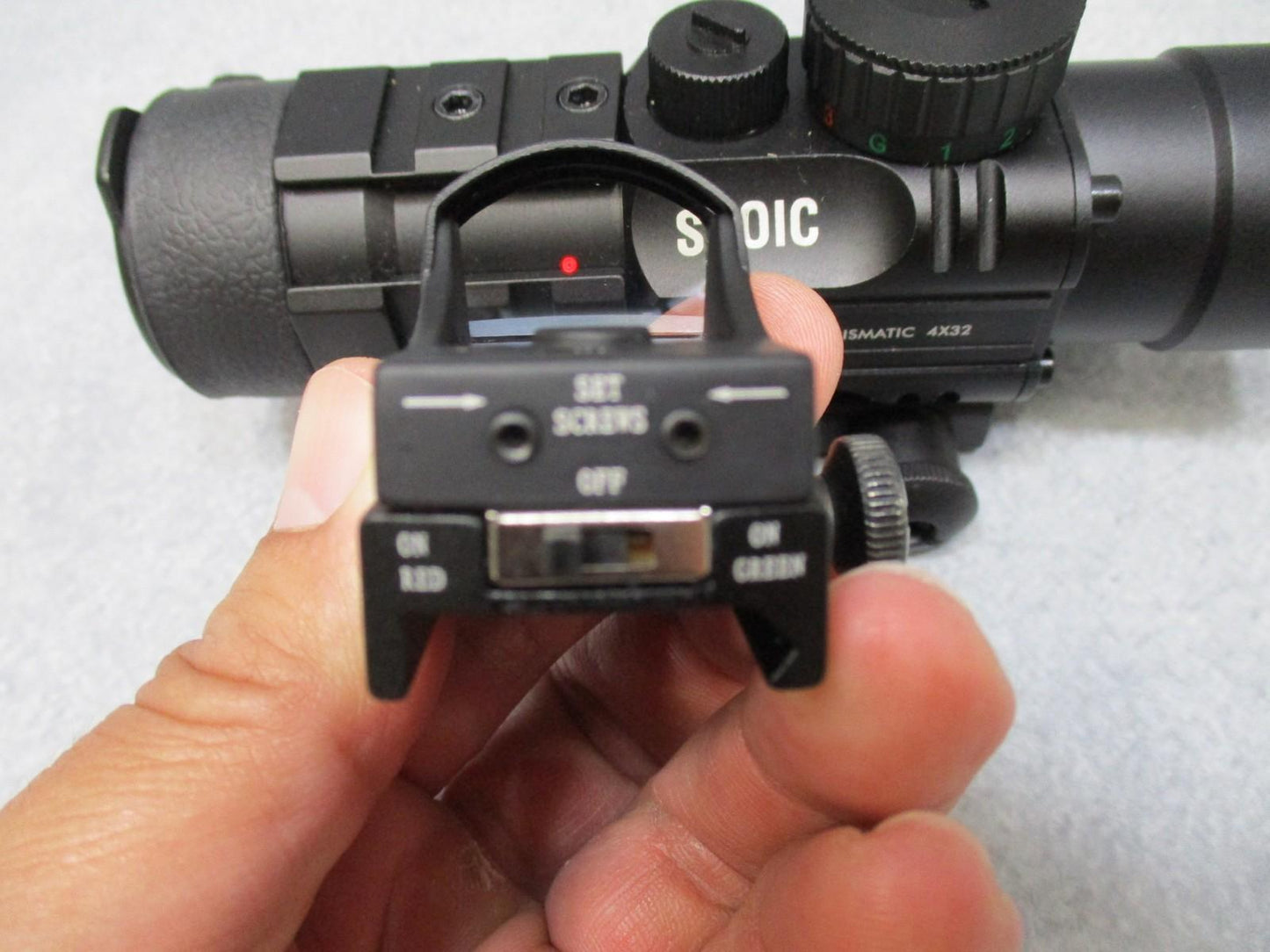 Centex Military Gear STOIC 4x32 prismatic scope with mini reflex sight featuring red/blue and red/green reticles mounted on a rifle