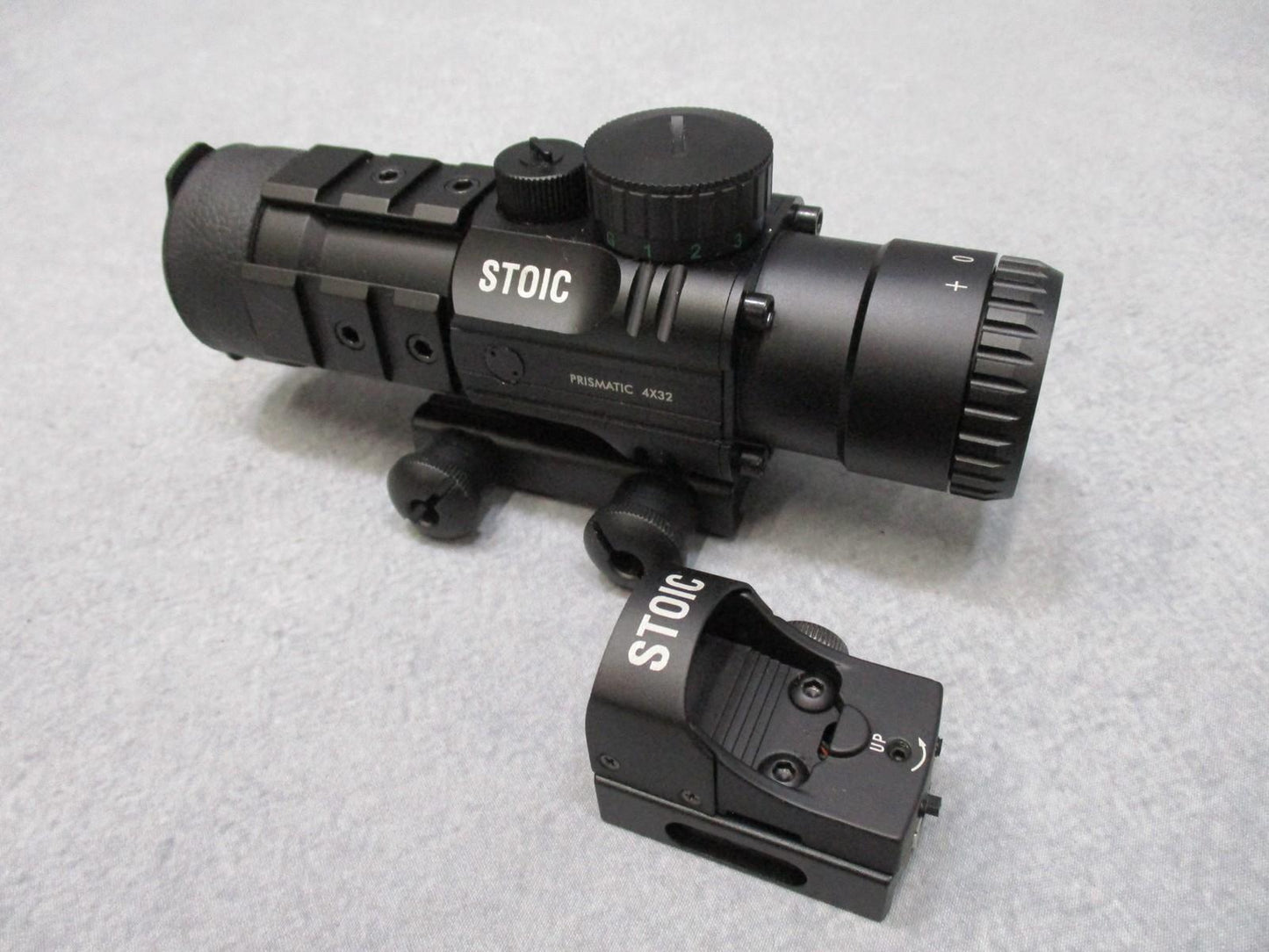 Centex Military Gear STOIC 4x32 prismatic scope with mini reflex sight featuring red/blue and red/green reticles mounted on a rifle